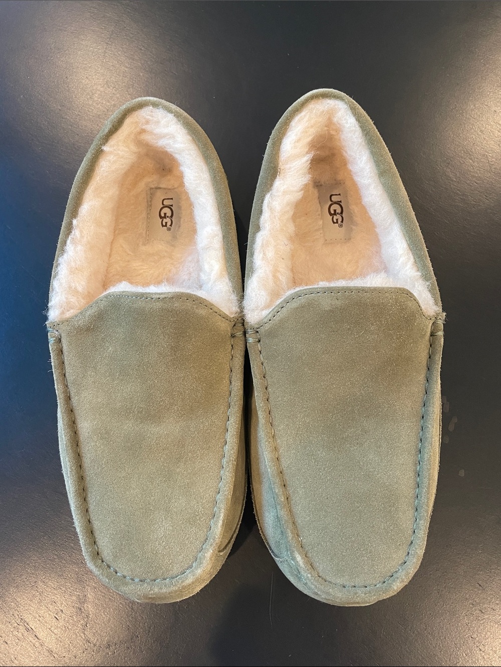UGG Olive Suede Shearling Ascot Moccasin Slippers
